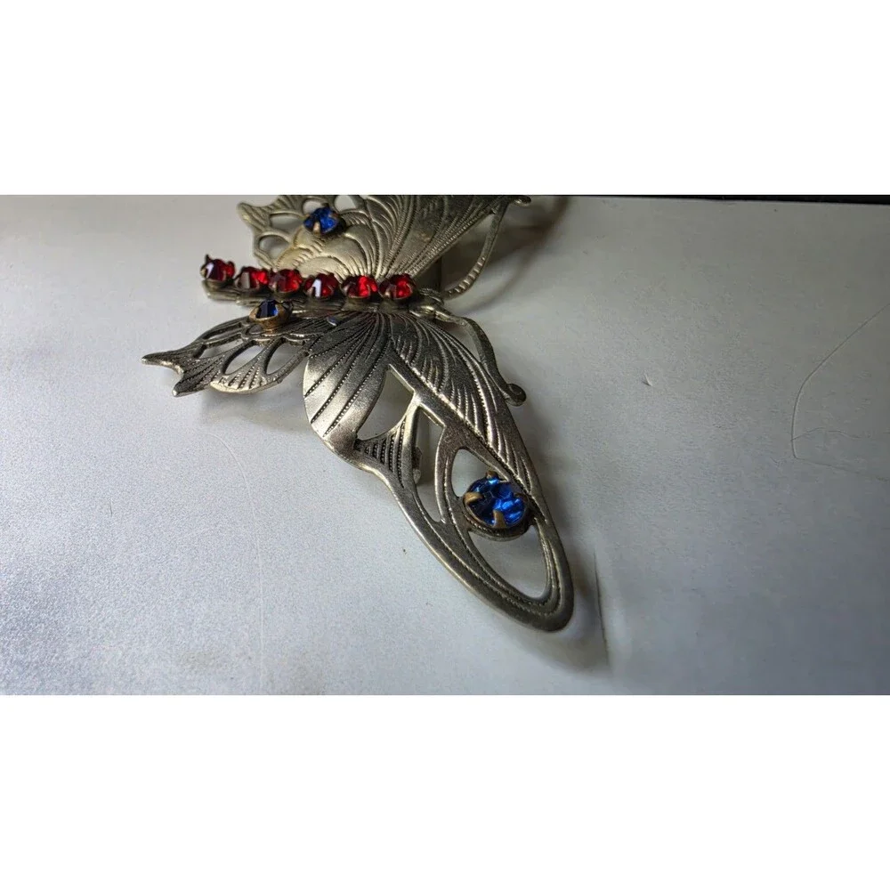 Rhinestone Silver Tone Metal Butterfly Brooch Vintage Costume Jewelry